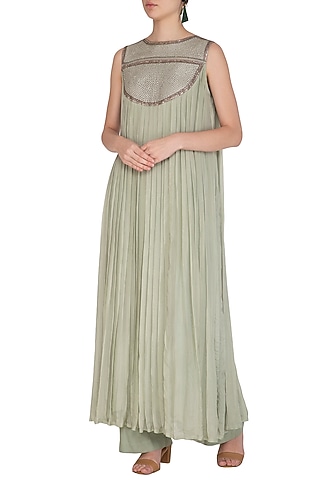 Rusty Green Embroidered Kurta With Palazzo Pants by Breathe By Aakanksha Singh