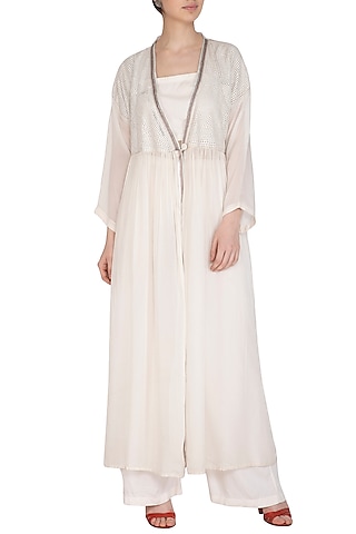 White Embroidered Shrug Jacket With Crop Top & Palazzo Pants by Breathe By Aakanksha Singh