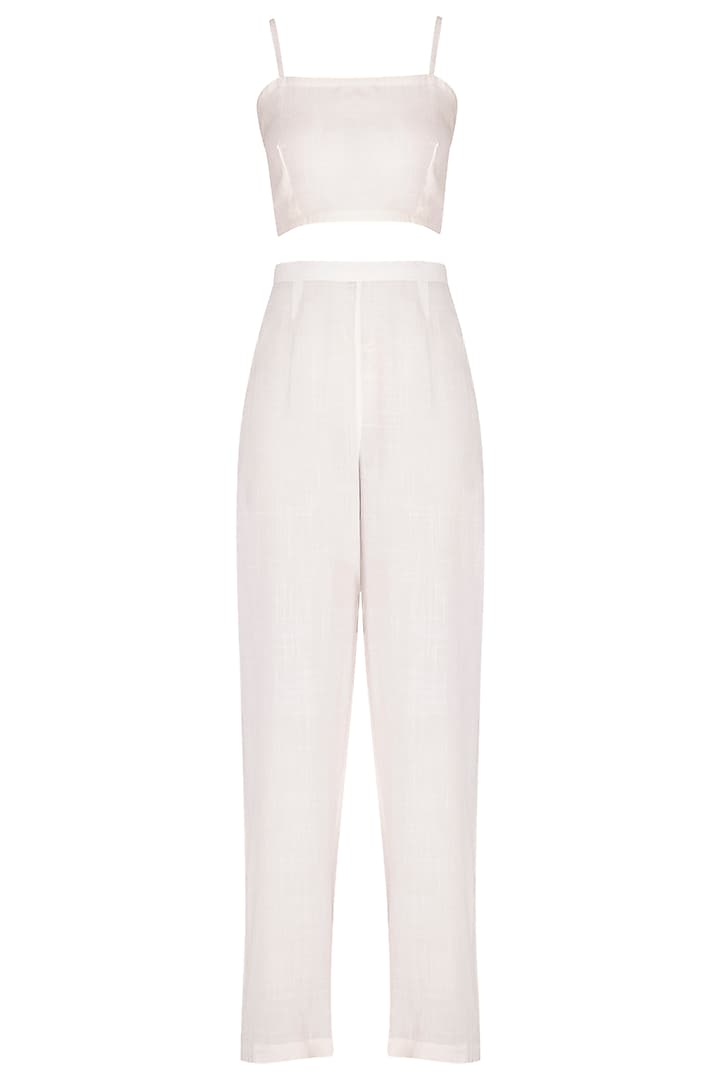 White Embroidered Shrug Jacket With Crop Top & Palazzo Pants by Breathe By Aakanksha Singh at Pernia's Pop Up Shop