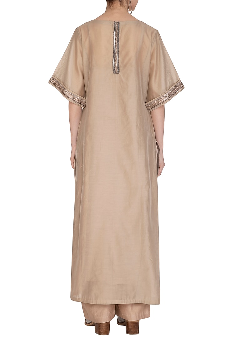 Beige Chanderi Silk Thread Hand Embroidered Kurta Set by Breathe By Aakanksha Singh at Pernia's Pop Up Shop