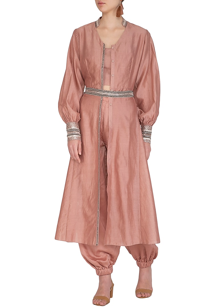 Rusty Peach Embroidered Kurta With Crop Top, Jumper Pants & Belt by Breathe By Aakanksha Singh at Pernia's Pop Up Shop