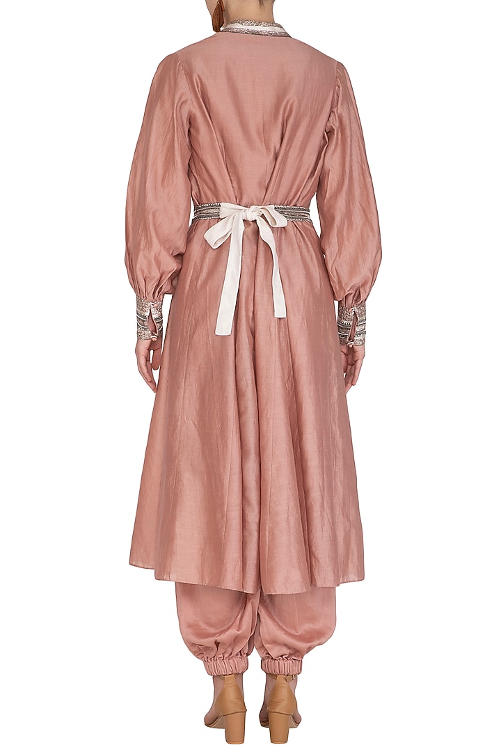 Rusty Peach Embroidered Kurta With Crop Top, Jumper Pants & Belt by Breathe By Aakanksha Singh at Pernia's Pop Up Shop