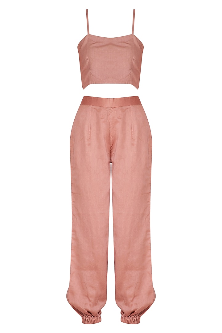 Rusty Peach Embroidered Kurta With Crop Top, Jumper Pants & Belt by Breathe By Aakanksha Singh at Pernia's Pop Up Shop