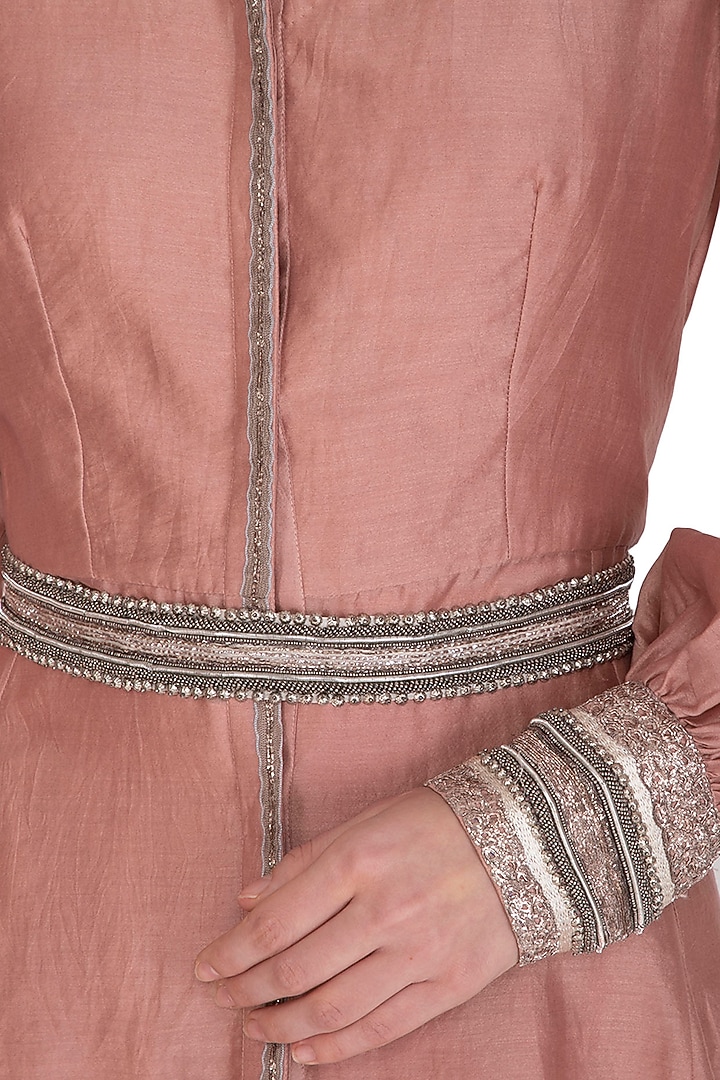 Rusty Peach Embroidered Kurta With Crop Top, Jumper Pants & Belt by Breathe By Aakanksha Singh at Pernia's Pop Up Shop
