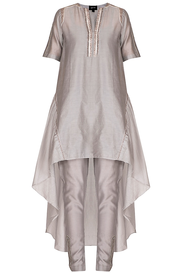 Grey Embroidered High Low Kurta With Cigarette Pants by Breathe By Aakanksha Singh
