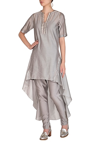 Grey Embroidered High Low Kurta With Cigarette Pants by Breathe By Aakanksha Singh