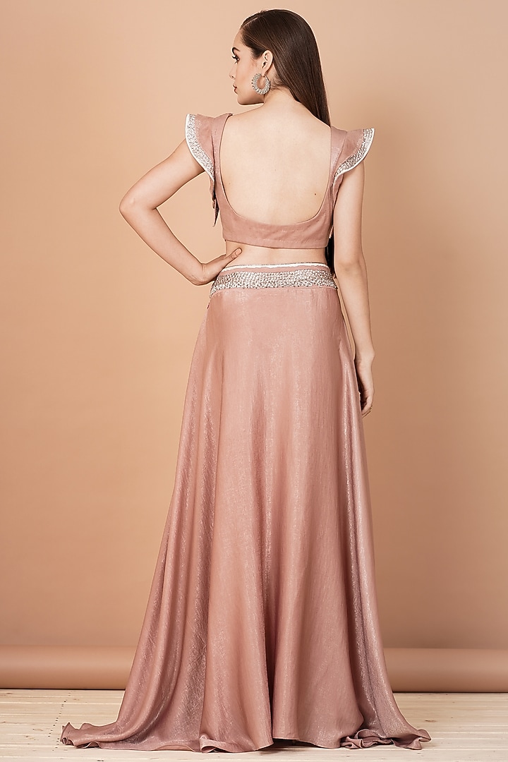 Nude Peach Sand Satin Zardosi Embroidered Wedding Lehenga Set by Breathe By Aakanksha Singh at Pernia's Pop Up Shop