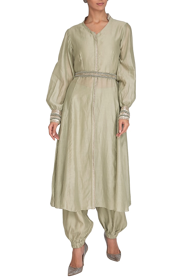 Sage Green Embroidered Jacket With Crop Top, Jumper Pants & Belt by Breathe By Aakanksha Singh at Pernia's Pop Up Shop