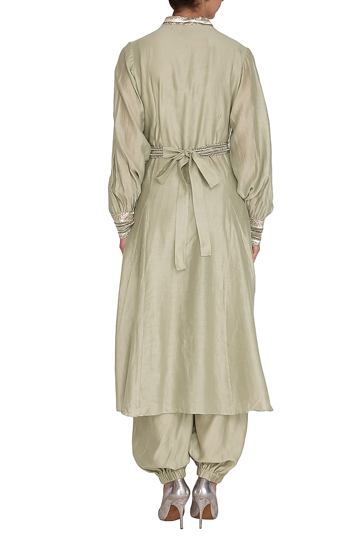 Sage Green Embroidered Jacket With Crop Top, Jumper Pants & Belt by Breathe By Aakanksha Singh at Pernia's Pop Up Shop