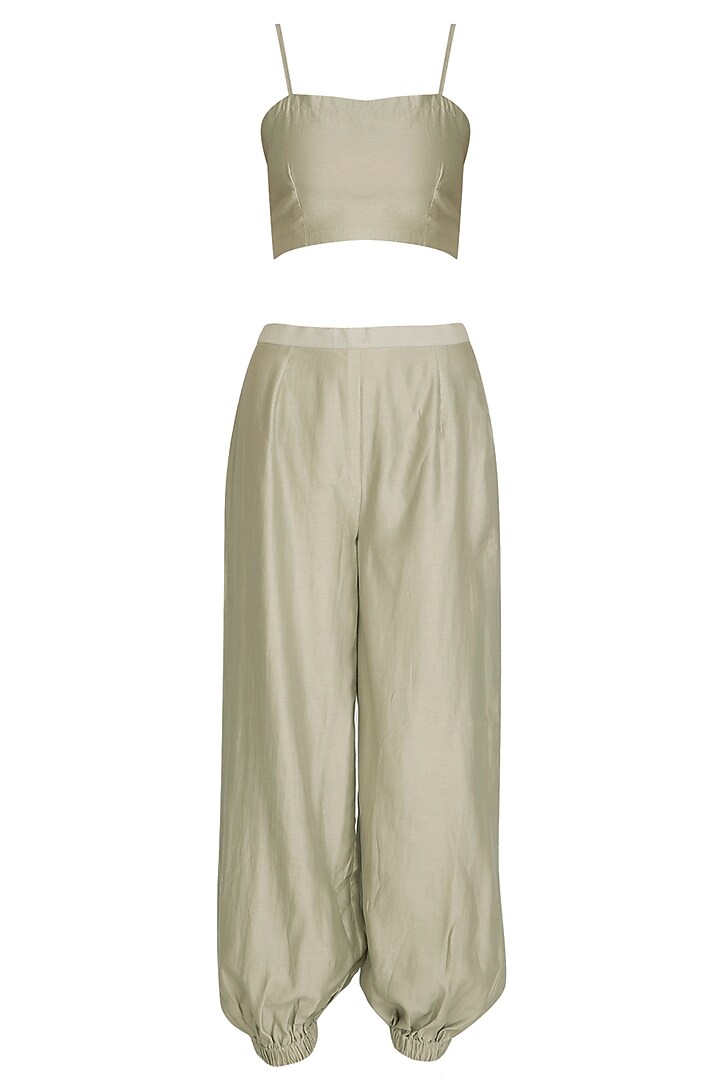 Sage Green Embroidered Jacket With Crop Top, Jumper Pants & Belt by Breathe By Aakanksha Singh at Pernia's Pop Up Shop