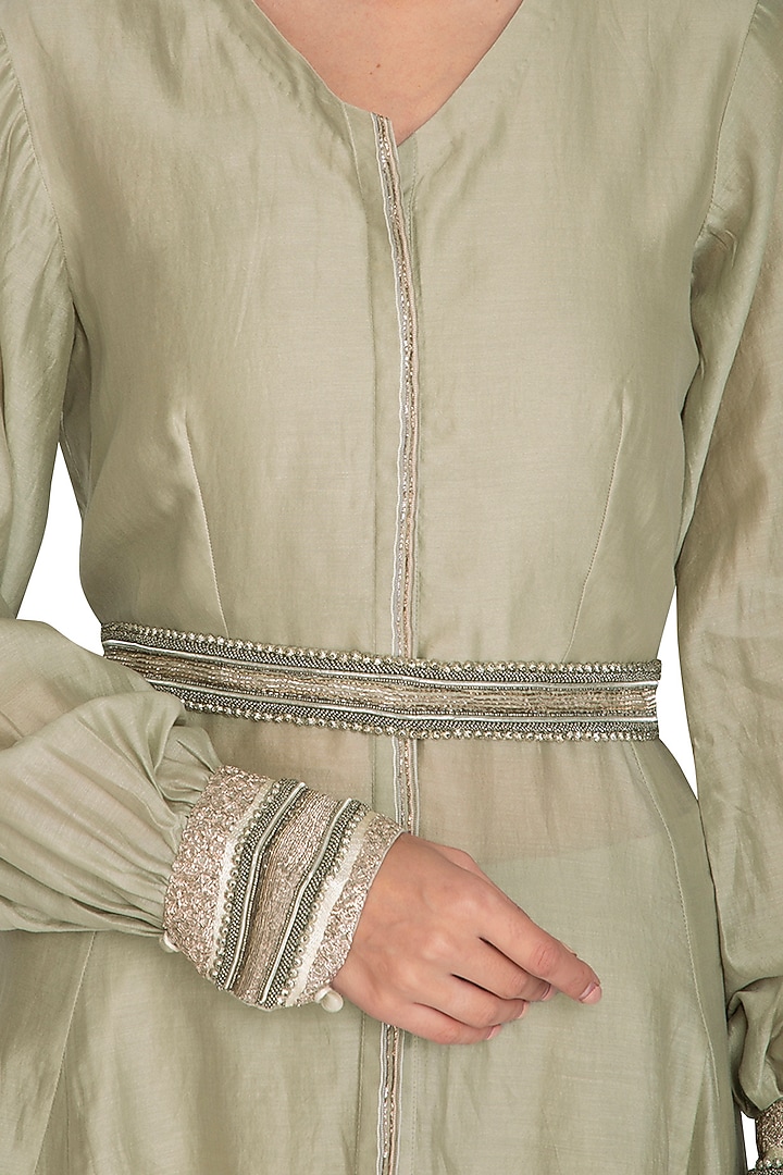 Sage Green Embroidered Jacket With Crop Top, Jumper Pants & Belt by Breathe By Aakanksha Singh at Pernia's Pop Up Shop