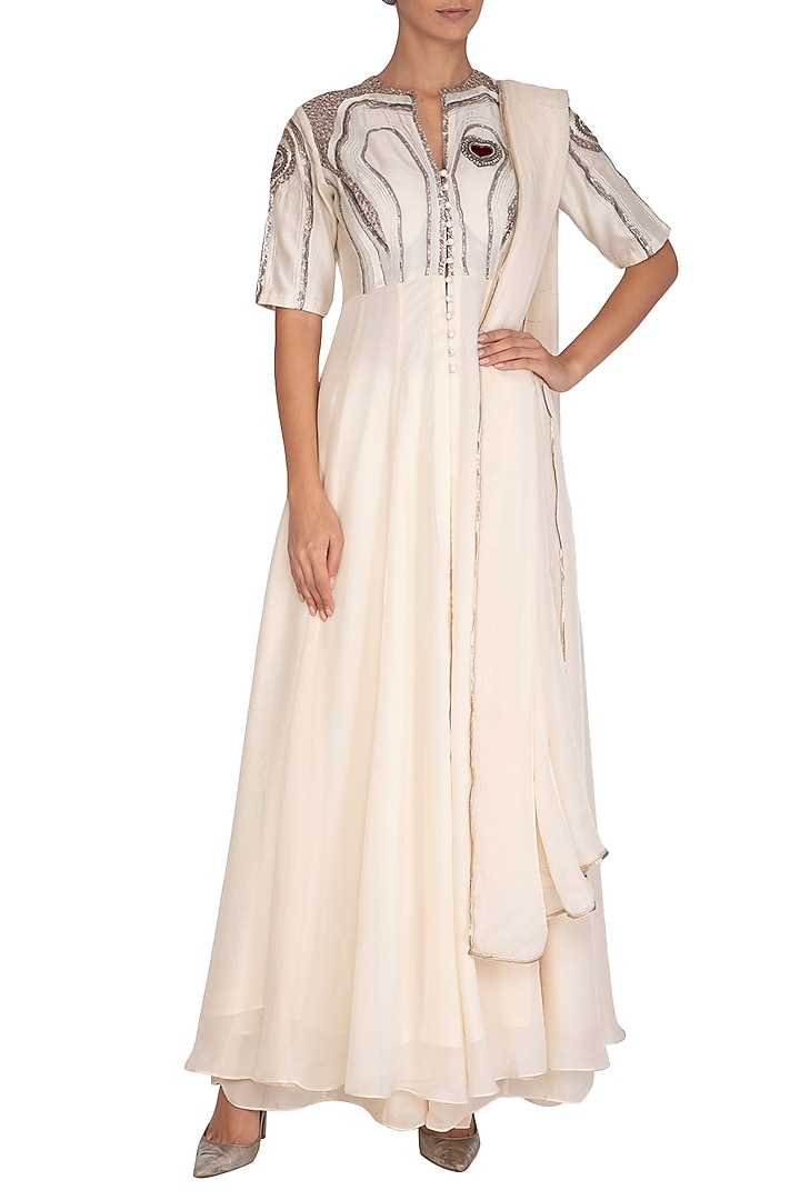 Off White Embroidered Wedding Anarkali Set by Breathe By Aakanksha Singh at Pernia's Pop Up Shop