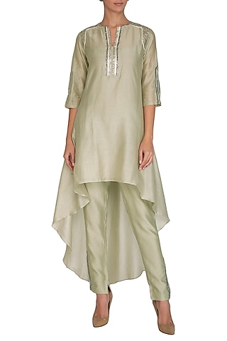 Sage Green Embroidered Tunic With Pants by Breathe By Aakanksha Singh