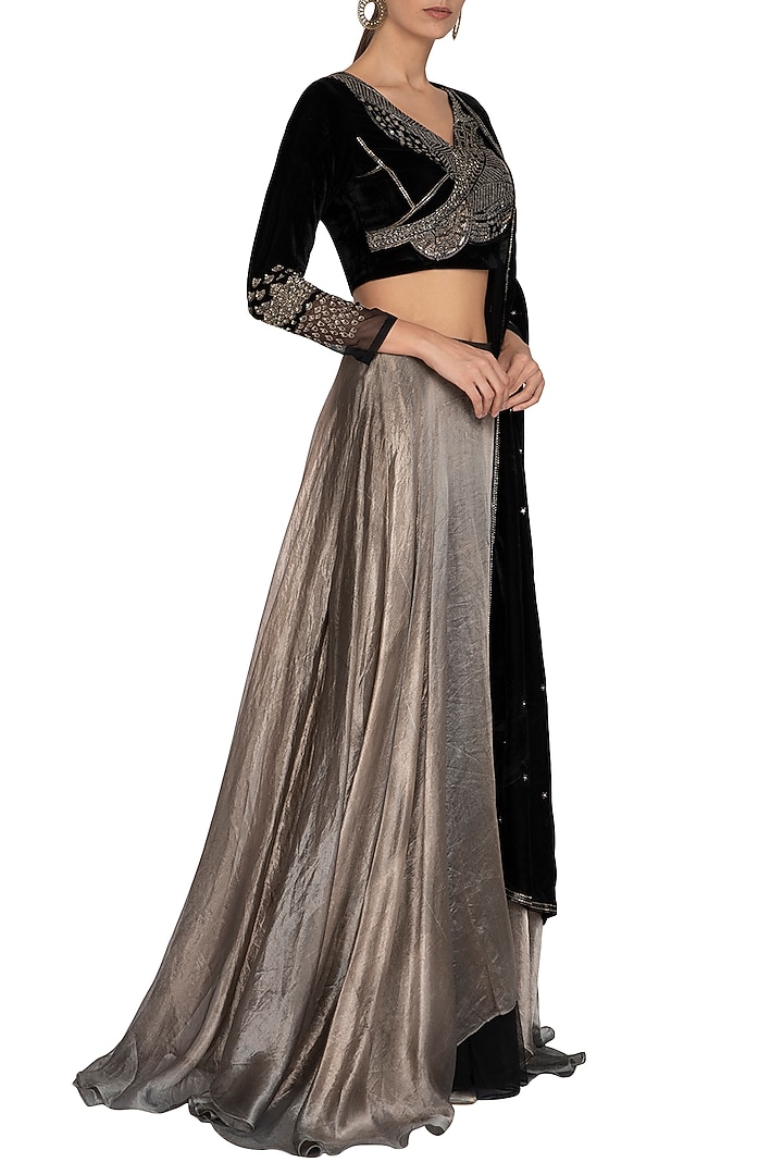 Black & Metallic Grey Embroidered Wedding Lehenga Set by Breathe By Aakanksha Singh at Pernia's Pop Up Shop