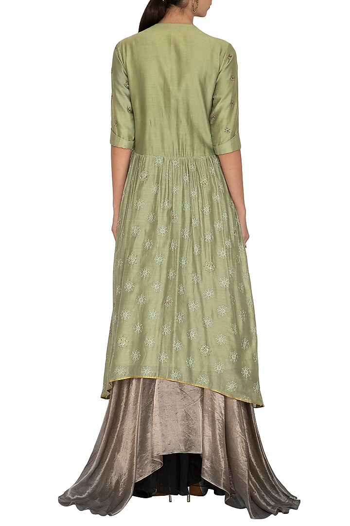 Green Embroidered Kurta with Metallic Grey Lehenga Skirt by Breathe By Aakanksha Singh at Pernia's Pop Up Shop