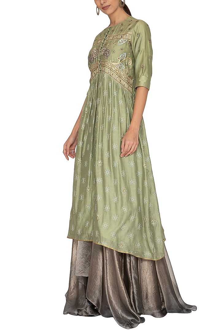 Green Embroidered Kurta with Metallic Grey Lehenga Skirt by Breathe By Aakanksha Singh at Pernia's Pop Up Shop