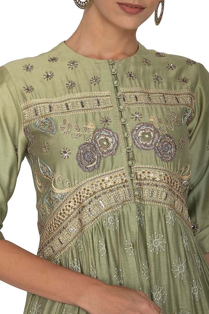 Green Embroidered Kurta with Metallic Grey Lehenga Skirt by Breathe By Aakanksha Singh at Pernia's Pop Up Shop