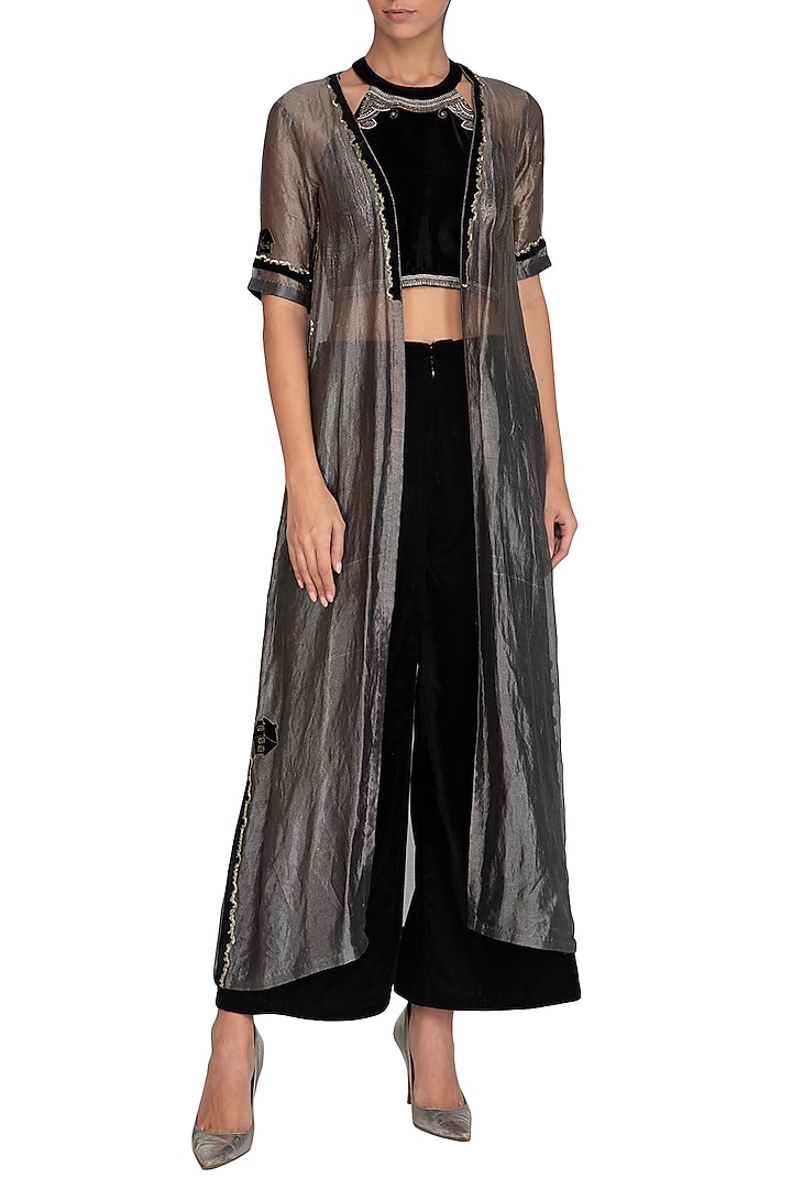 Black Embellished Crop Top With Pants & Metallic Jacket by Breathe By Aakanksha Singh at Pernia's Pop Up Shop