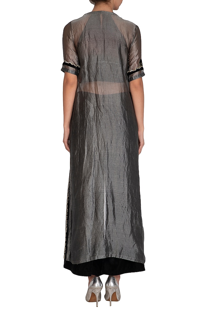 Black Embellished Crop Top With Pants & Metallic Jacket by Breathe By Aakanksha Singh at Pernia's Pop Up Shop