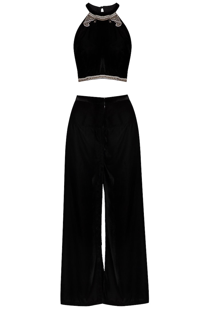 Black Embellished Crop Top With Pants & Metallic Jacket by Breathe By Aakanksha Singh at Pernia's Pop Up Shop