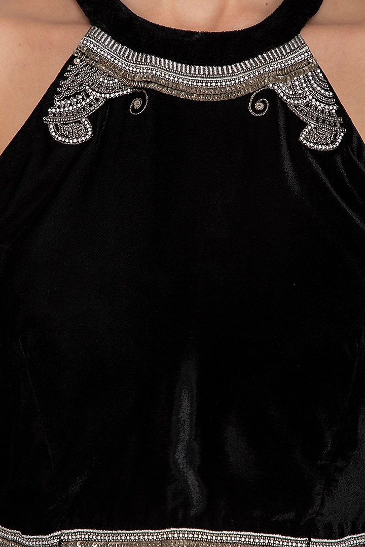 Black Embellished Crop Top With Pants & Metallic Jacket by Breathe By Aakanksha Singh at Pernia's Pop Up Shop