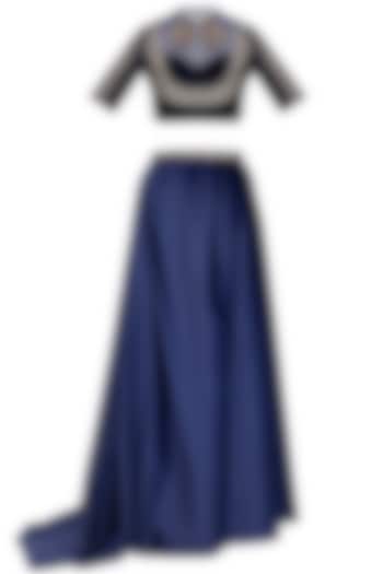 Navy Blue Embroidered Blouse With Draped Skirt & Belt by Breathe By Aakanksha Singh