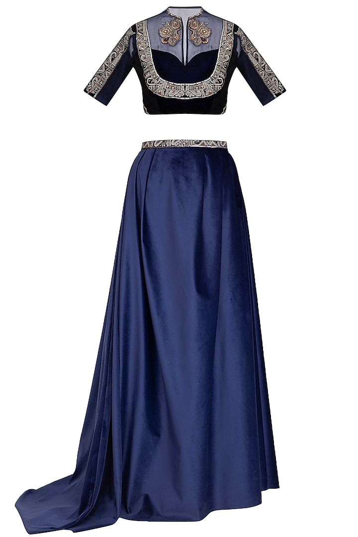 Navy Blue Embroidered Blouse With Draped Skirt & Belt by Breathe By Aakanksha Singh