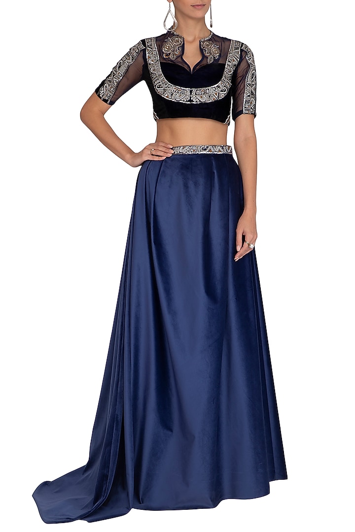 Navy Blue Embroidered Blouse With Draped Skirt & Belt by Breathe By Aakanksha Singh at Pernia's Pop Up Shop