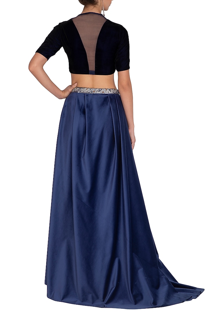 Navy Blue Embroidered Blouse With Draped Skirt & Belt by Breathe By Aakanksha Singh at Pernia's Pop Up Shop