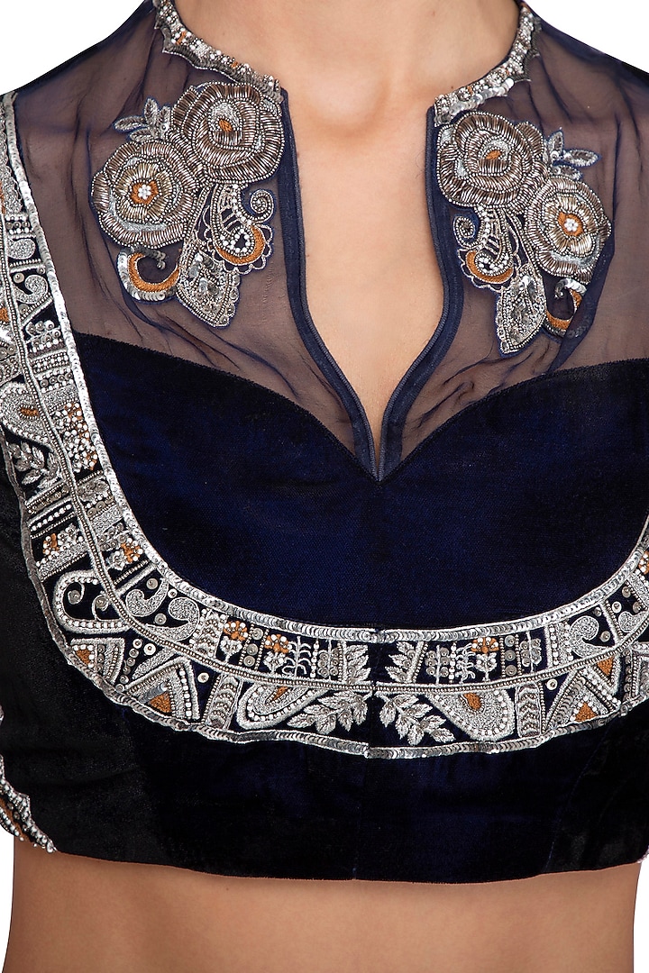 Navy Blue Embroidered Blouse With Draped Skirt & Belt by Breathe By Aakanksha Singh at Pernia's Pop Up Shop