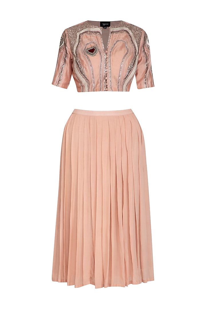 Icy Peach Embroidered Crop Top With Pleated Skirt by Breathe By Aakanksha Singh