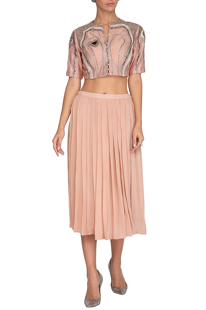 Icy Peach Embroidered Crop Top With Pleated Skirt by Breathe By Aakanksha Singh at Pernia's Pop Up Shop