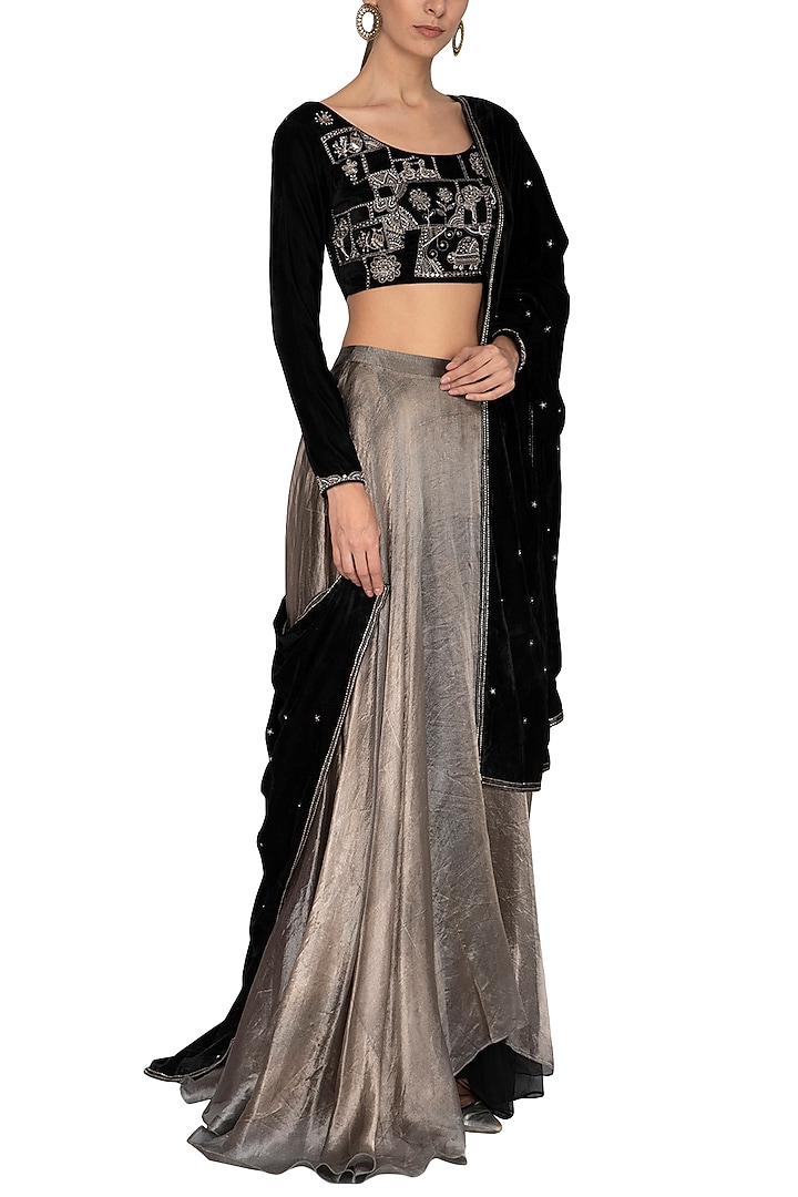 Black & Metallic Grey Hand Embroidered Wedding Lehenga Set by Breathe By Aakanksha Singh at Pernia's Pop Up Shop