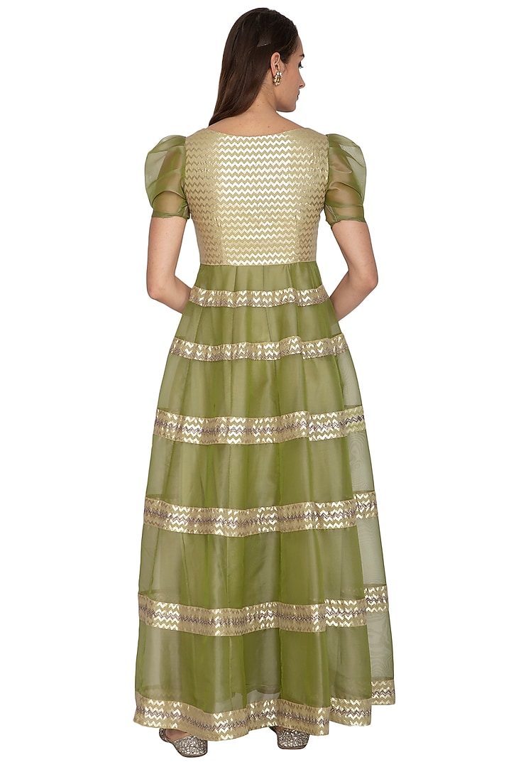 Olive Green Embroidered Wedding Anarkali Gown With Dupatta by Breathe By Aakanksha Singh at Pernia's Pop Up Shop
