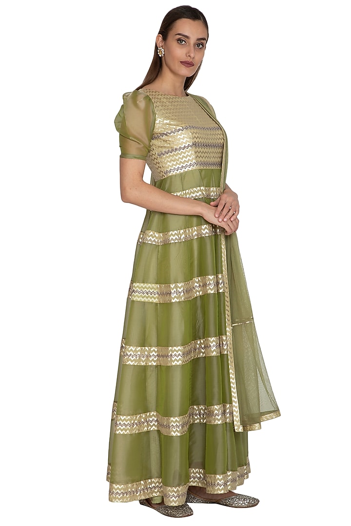 Olive Green Embroidered Wedding Anarkali Gown With Dupatta by Breathe By Aakanksha Singh at Pernia's Pop Up Shop