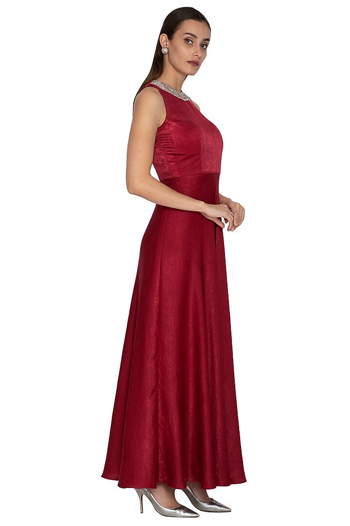 Red Embroidered Flowy Gown by Breathe By Aakanksha Singh at Pernia's Pop Up Shop