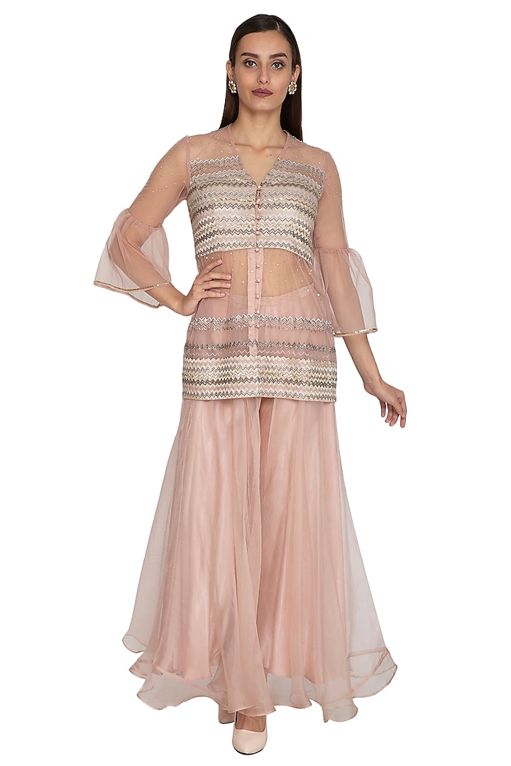 Blush Pink Embroidered Kurta With Pants by Breathe By Aakanksha Singh