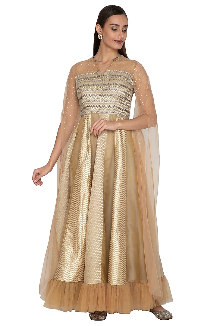 Beige Kalidar Gown With Flowy Net Sleeves by Breathe By Aakanksha Singh