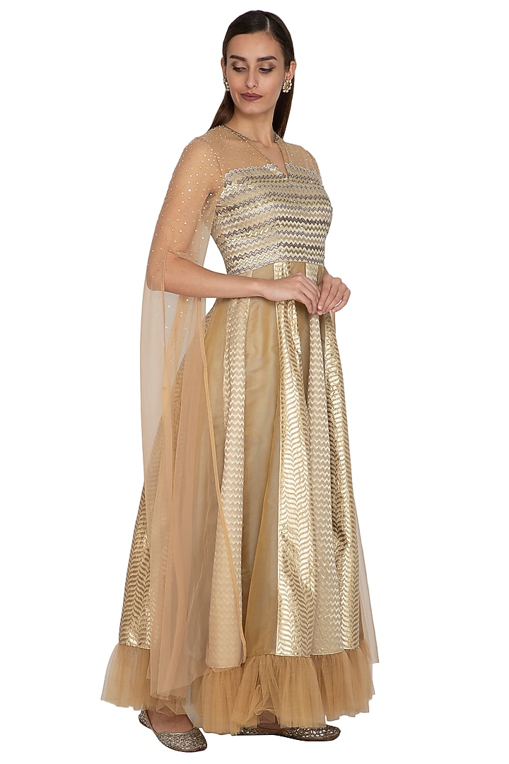 Beige Kalidar Gown With Flowy Net Sleeves by Breathe By Aakanksha Singh at Pernia's Pop Up Shop