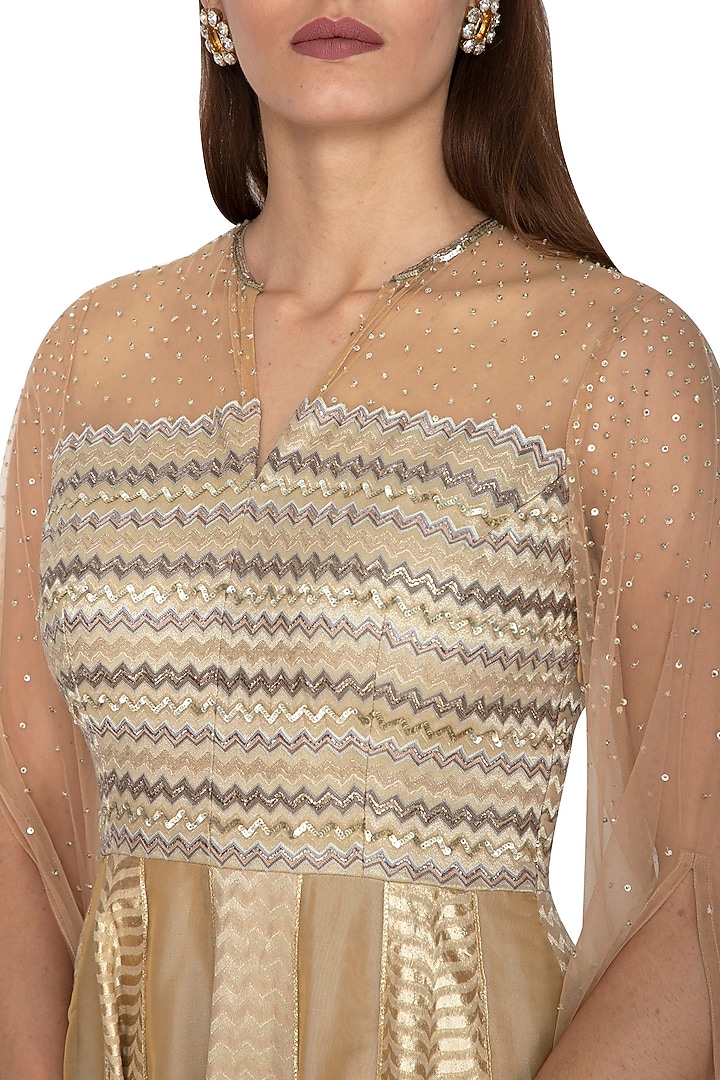 Beige Kalidar Gown With Flowy Net Sleeves by Breathe By Aakanksha Singh at Pernia's Pop Up Shop