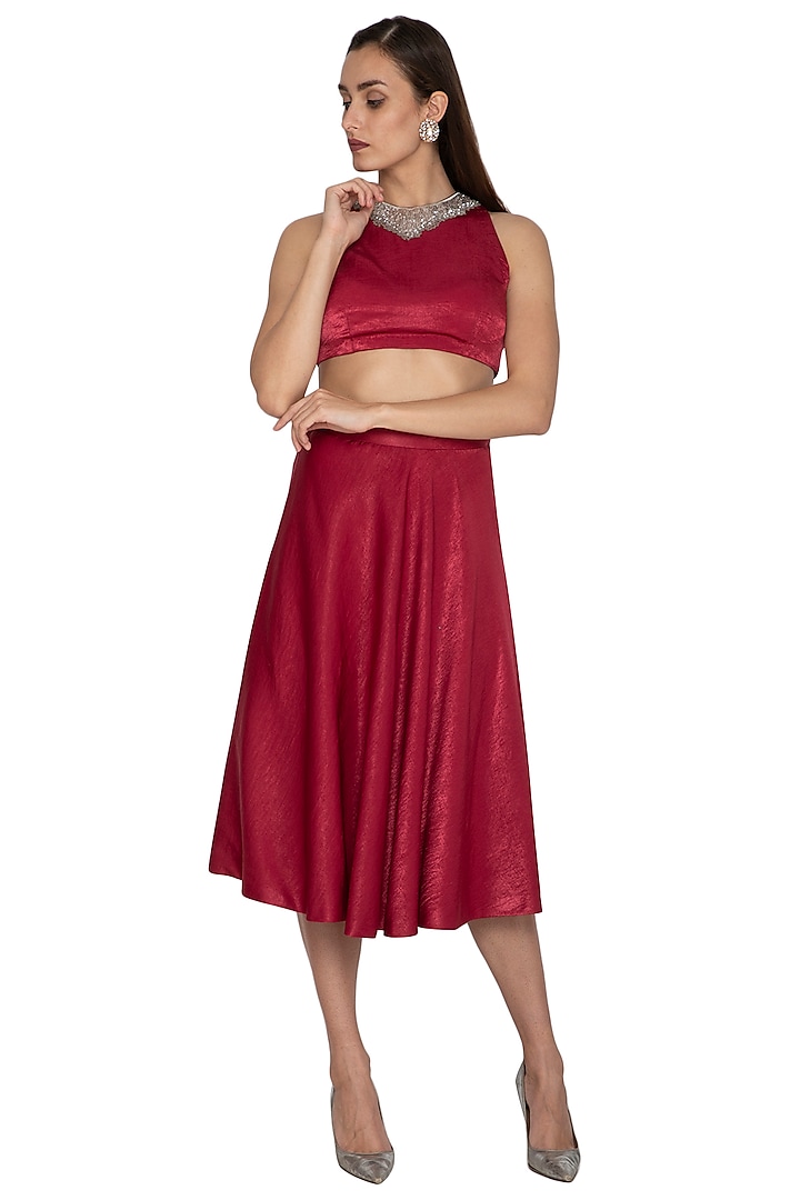Red Embroidered Crop Top With Skirt by Breathe By Aakanksha Singh