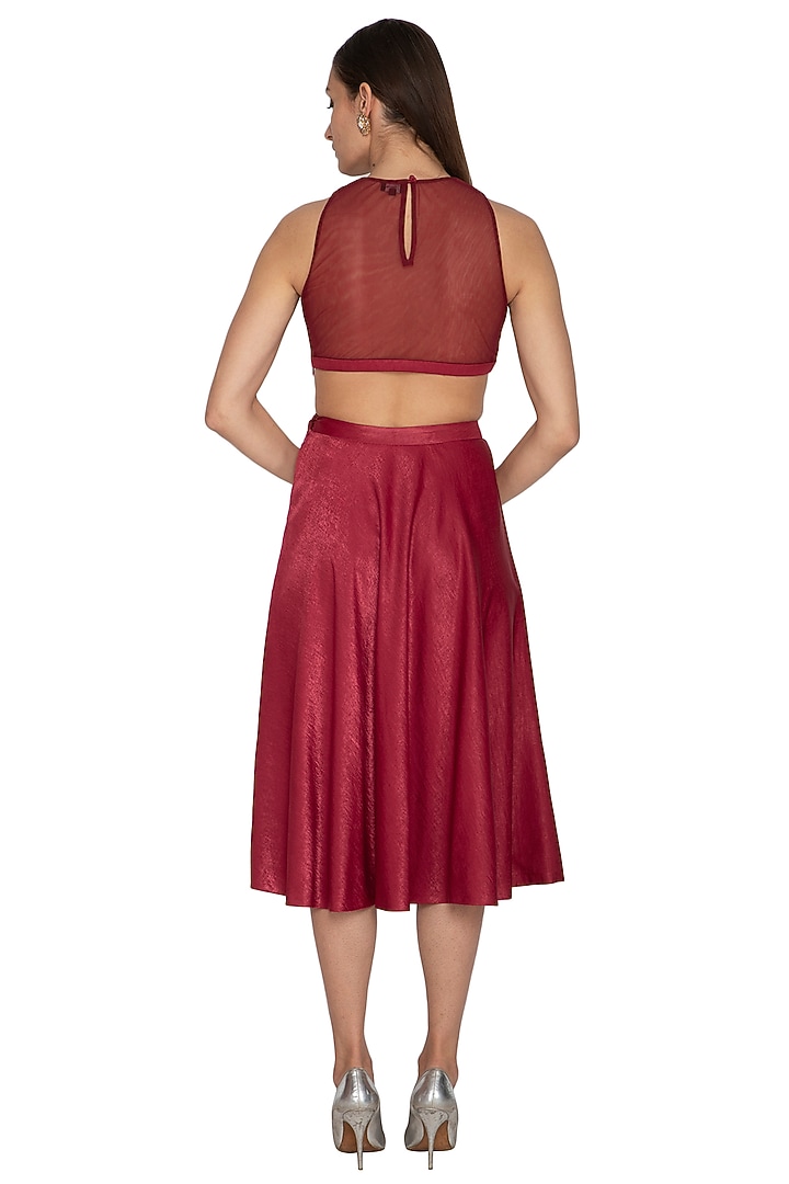 Red Embroidered Crop Top With Skirt by Breathe By Aakanksha Singh at Pernia's Pop Up Shop