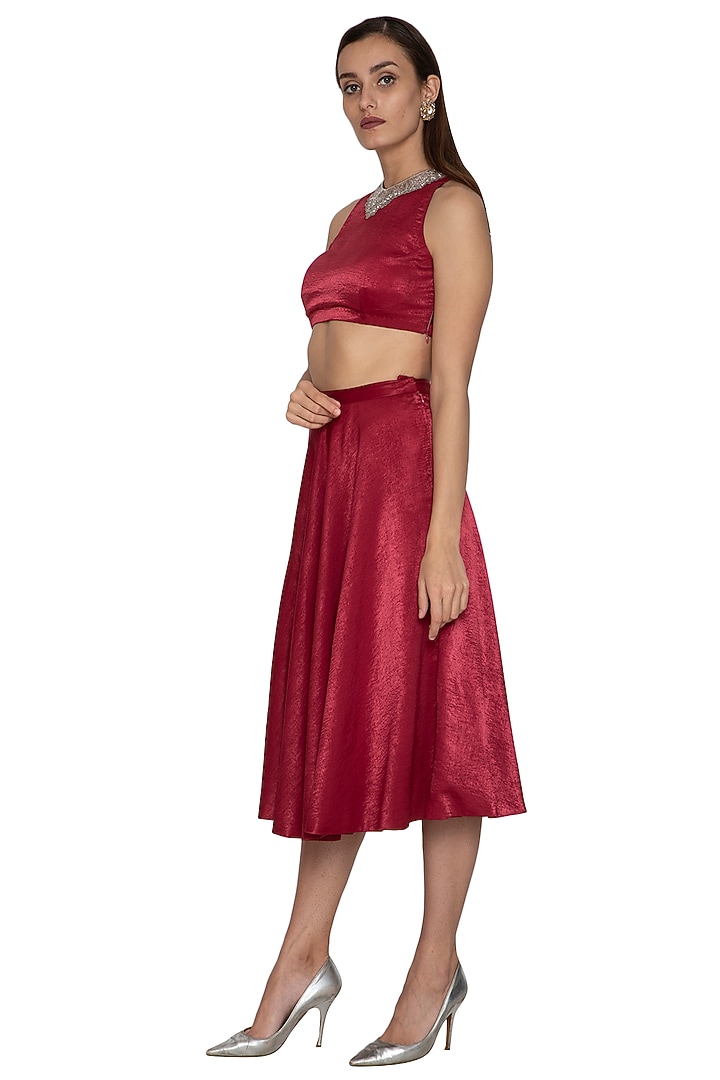 Red Embroidered Crop Top With Skirt by Breathe By Aakanksha Singh at Pernia's Pop Up Shop