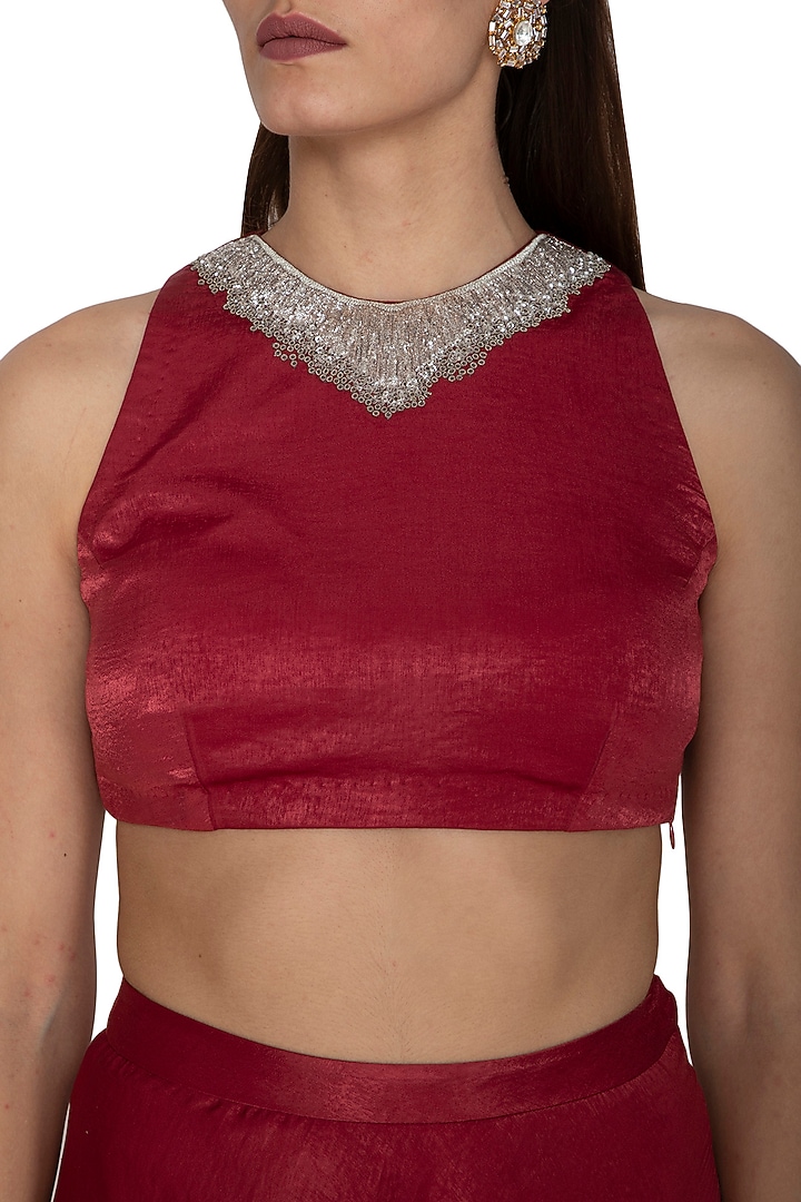 Red Embroidered Crop Top With Skirt by Breathe By Aakanksha Singh at Pernia's Pop Up Shop