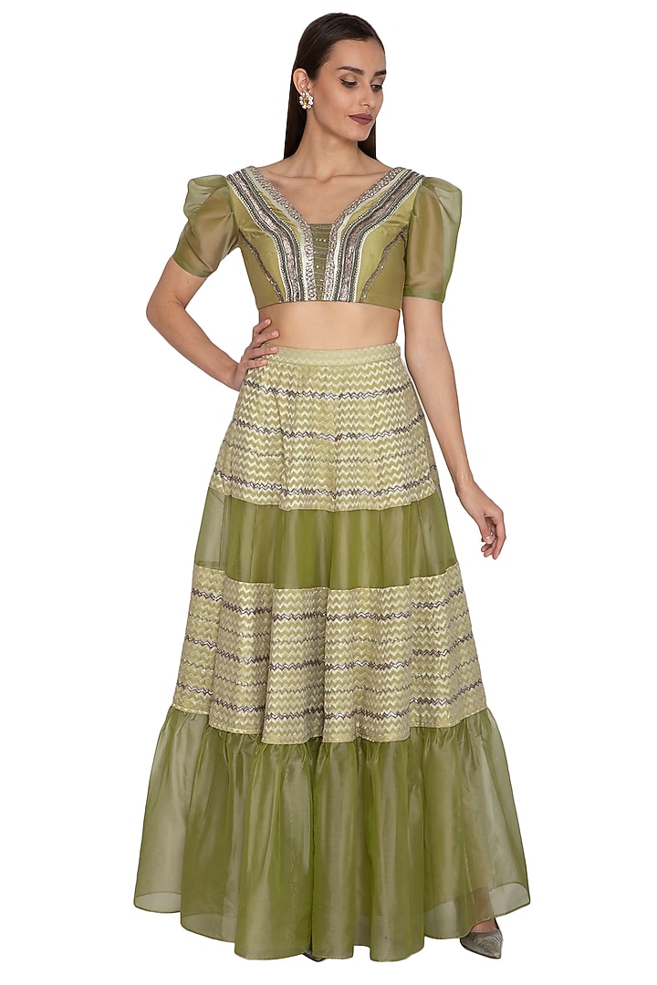 Olive Green Embroidered Blouse With Wedding Lehenga Skirt by Breathe By Aakanksha Singh at Pernia's Pop Up Shop