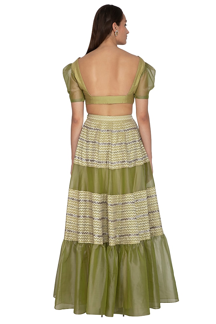 Olive Green Embroidered Blouse With Wedding Lehenga Skirt by Breathe By Aakanksha Singh at Pernia's Pop Up Shop