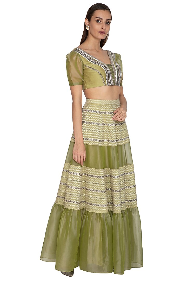 Olive Green Embroidered Blouse With Wedding Lehenga Skirt by Breathe By Aakanksha Singh at Pernia's Pop Up Shop