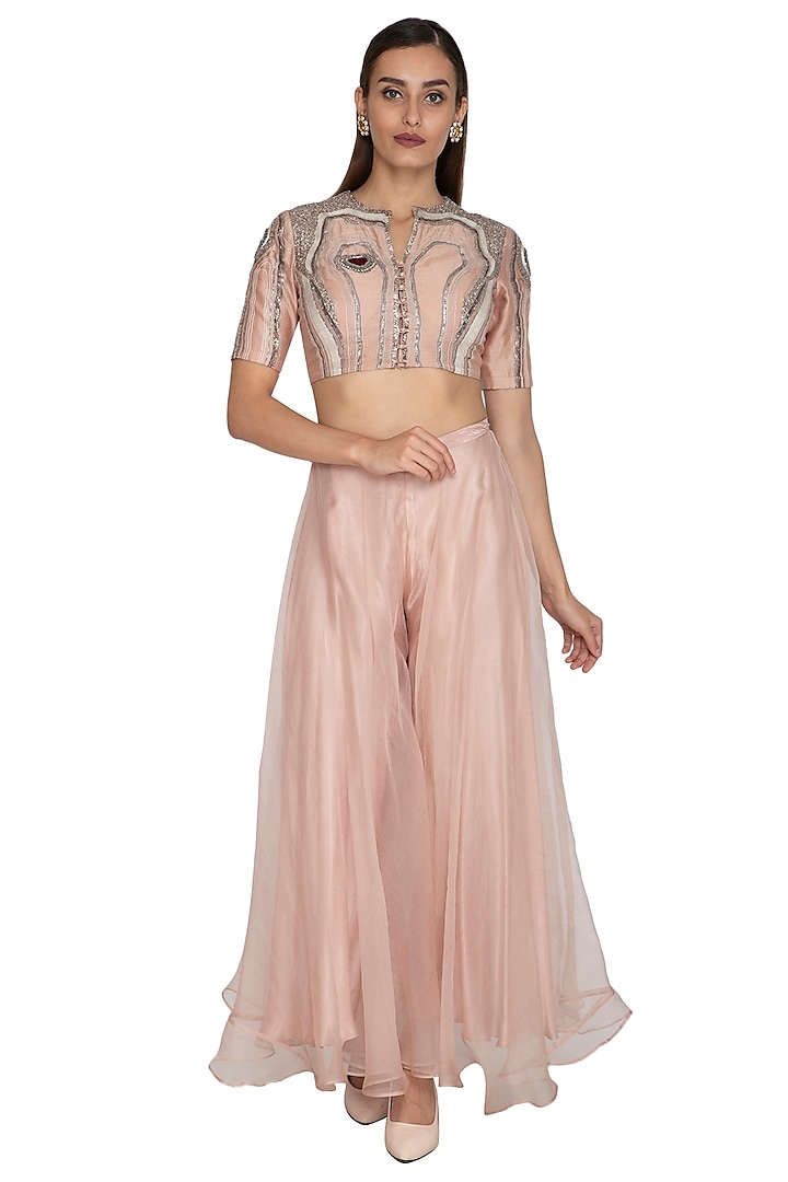 Blush Pink Embroidered Crop Top With Pants by Breathe By Aakanksha Singh at Pernia's Pop Up Shop