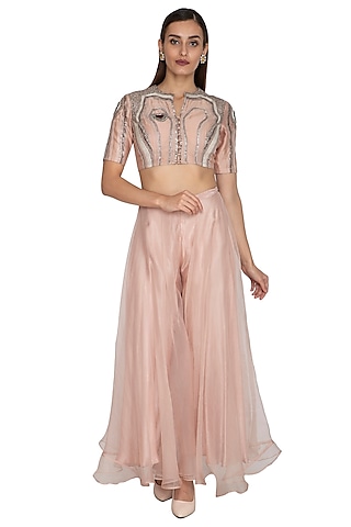 Blush Pink Embroidered Crop Top With Pants by Breathe By Aakanksha Singh
