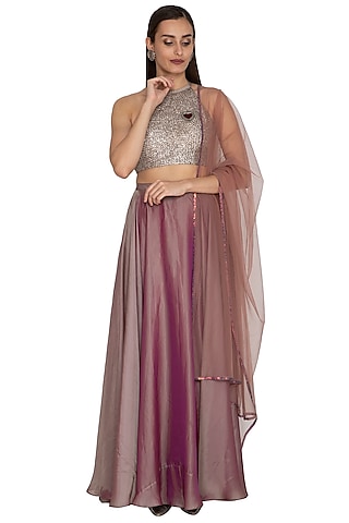 Wine Embroidered Crop Top Lehenga Set by Breathe By Aakanksha Singh